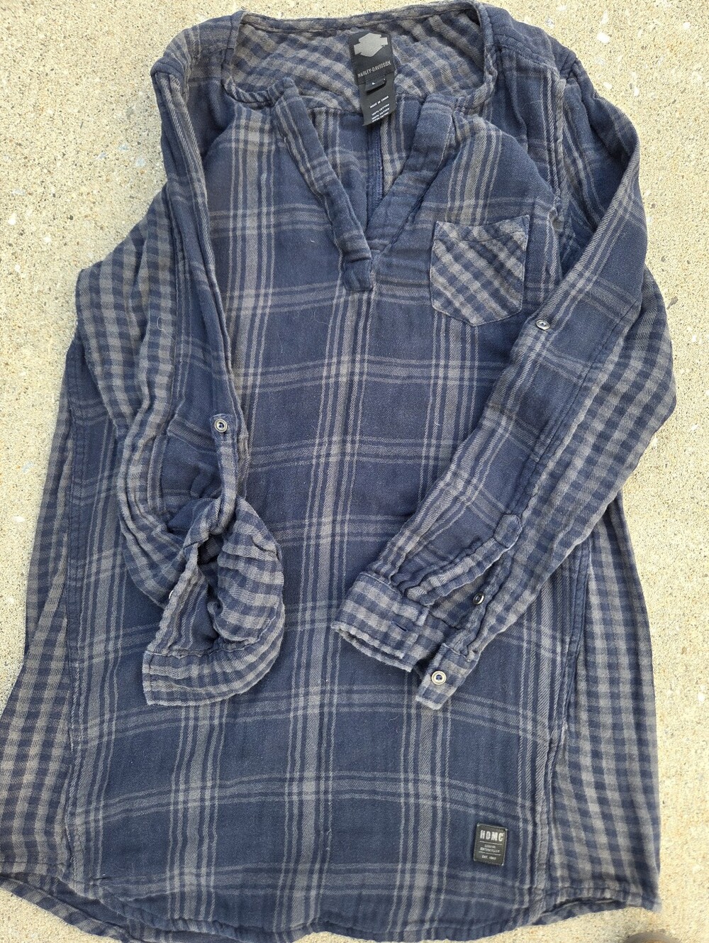 Harley-Davidson HDMC Blue Plaid Patchwork Henley Tunic Shirt Women's L